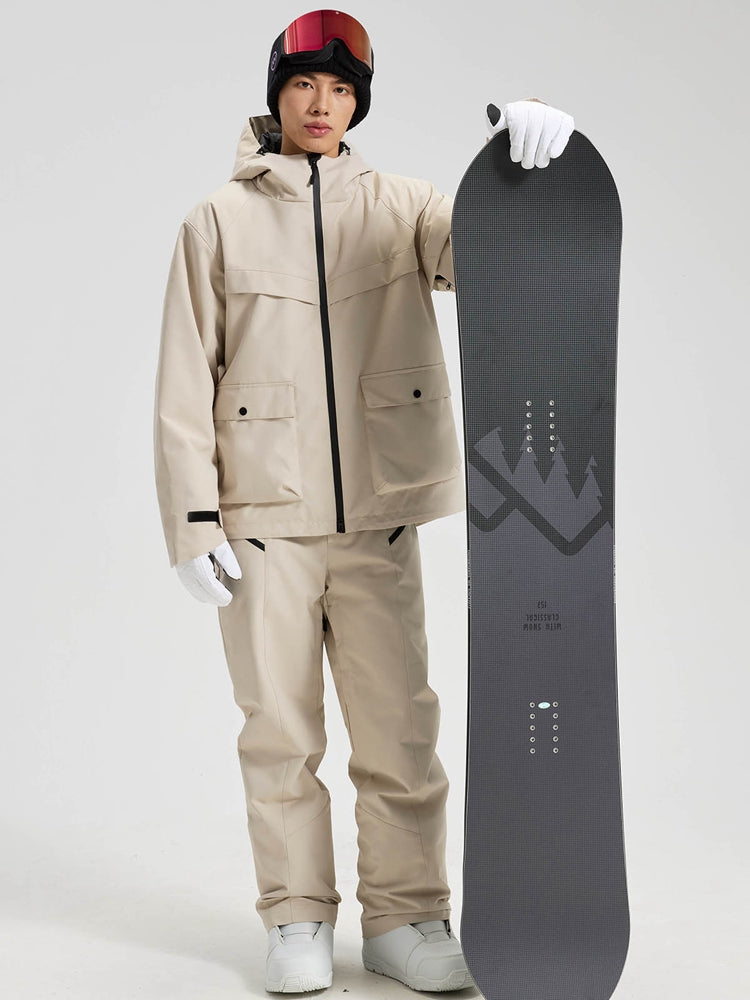 Men's khaki snowboard jacket and pants set holding a snowboard, front view