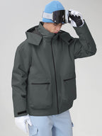 Men's Dark Grey Hooded Cargo Pocket Snowboard Jacket - Angled Front View