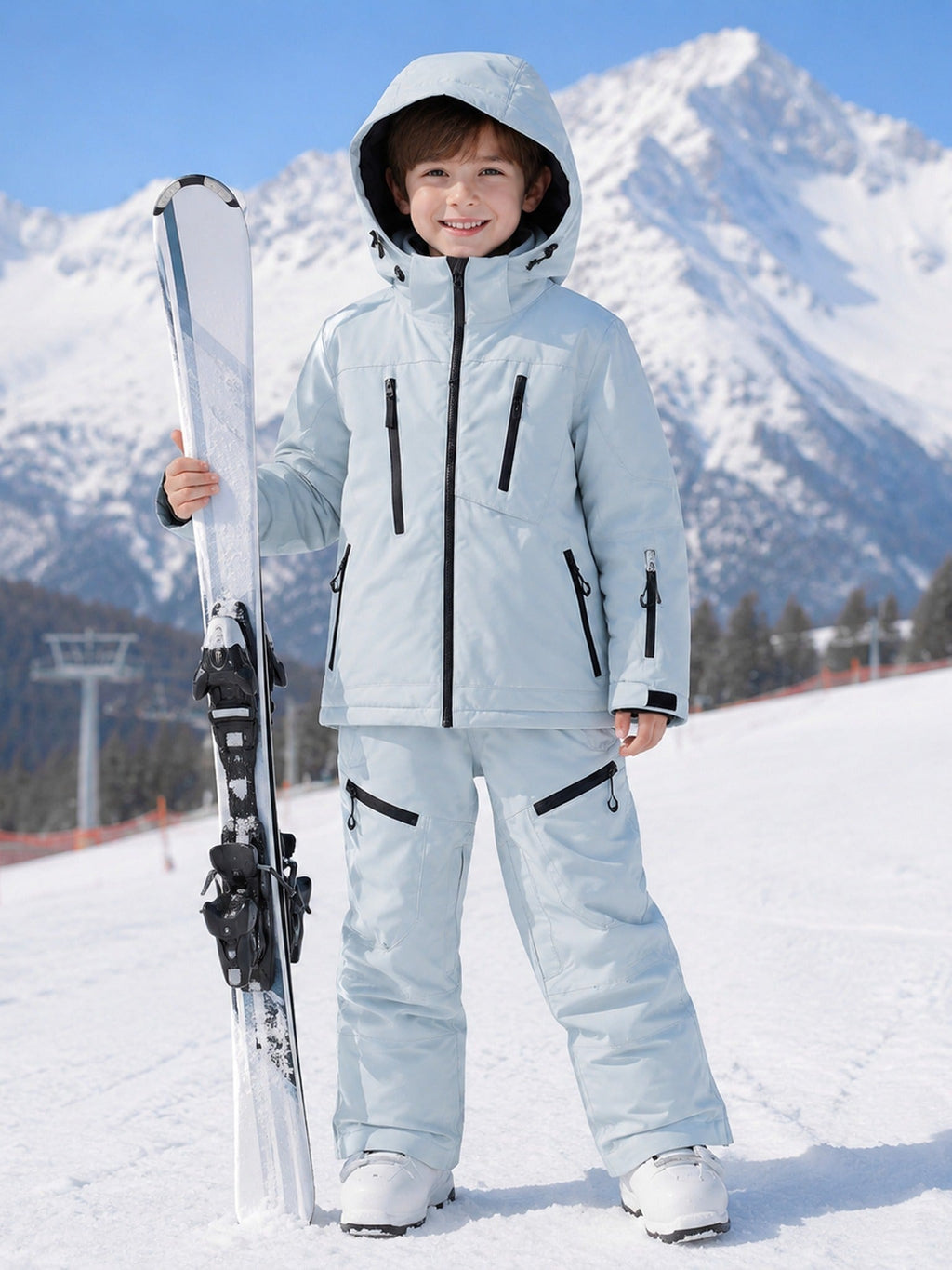 Kids mint green ski suit set in snow