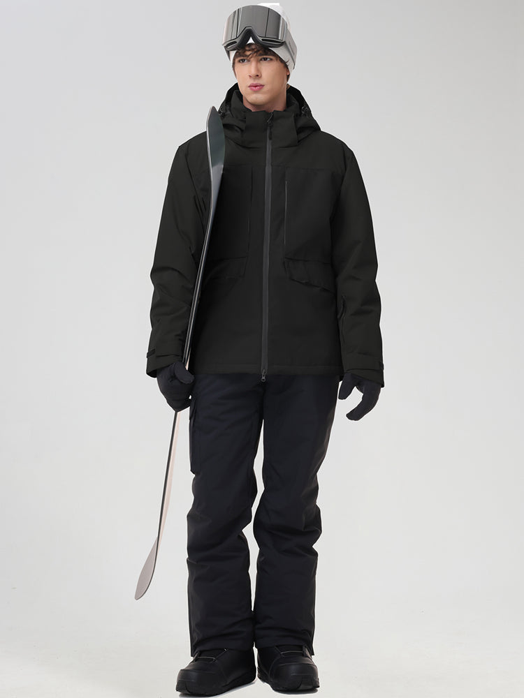 Men's all-black ski jacket and snow pants, holding a ski pole