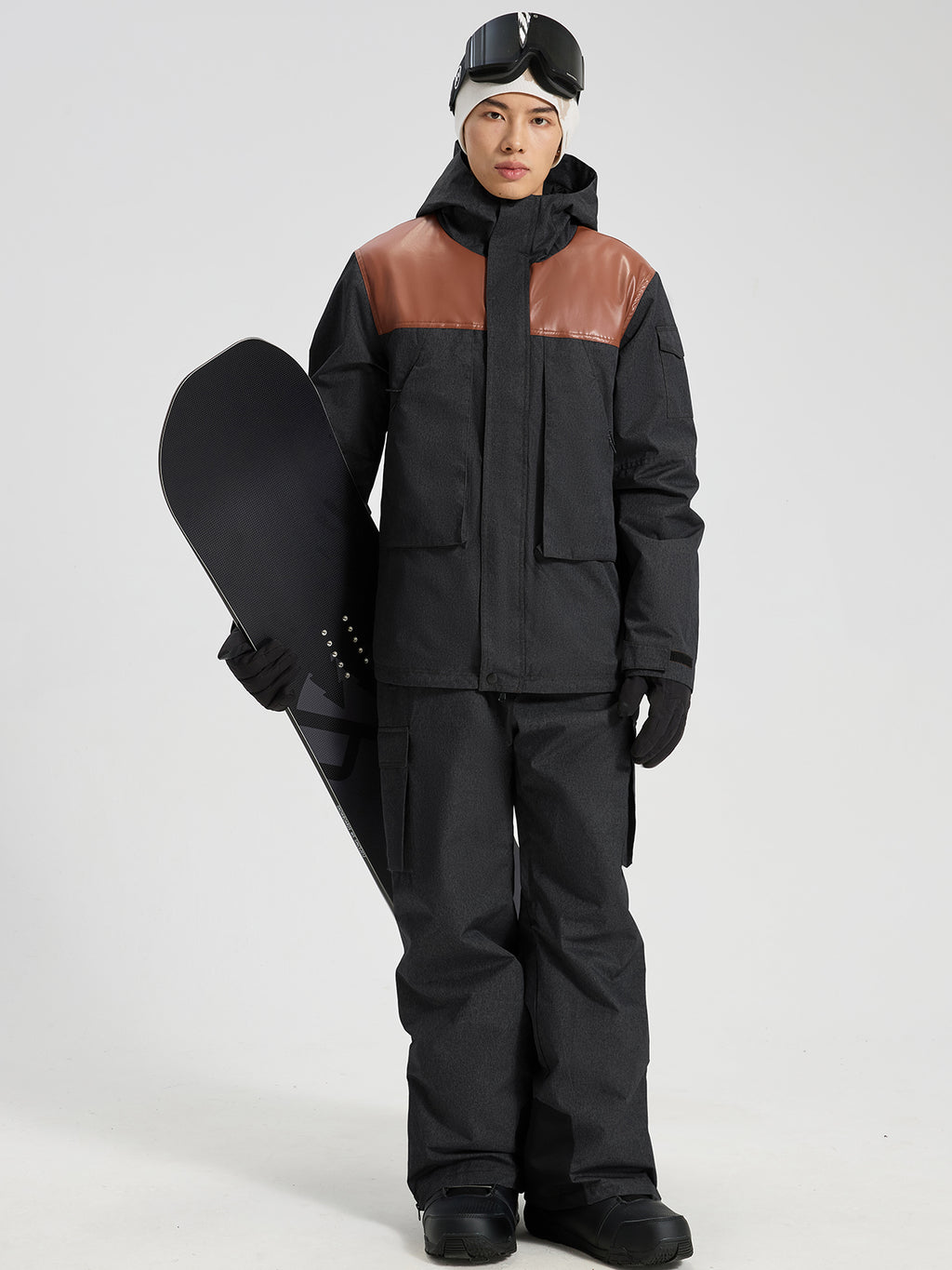 Men's Ski Jacket & Bibs Set in Black – Front View with Snowboard