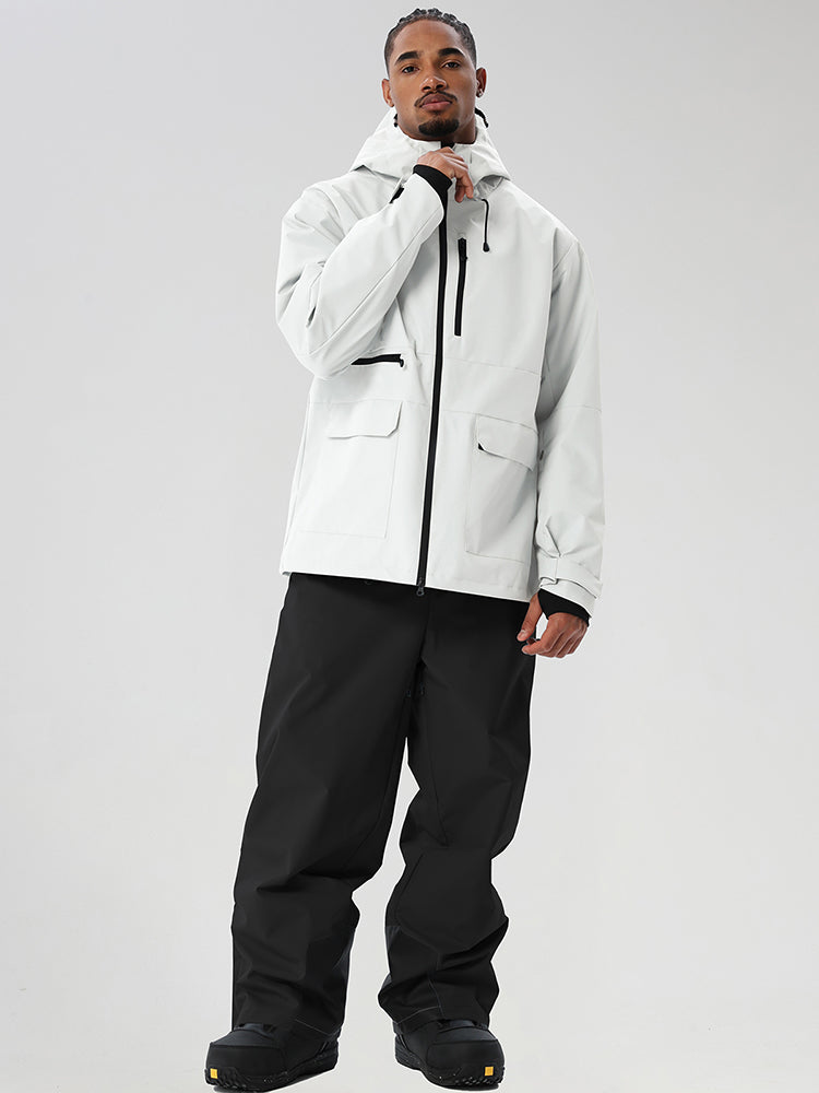 White men's full-zip ski jacket and black pants set - full outfit with high collar