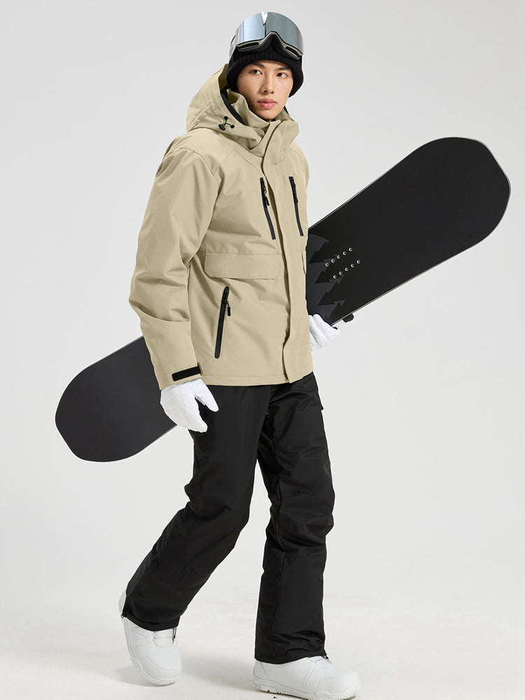 YEEFINE men's Khaki ski jacket and black ski pants with suspenders, side view