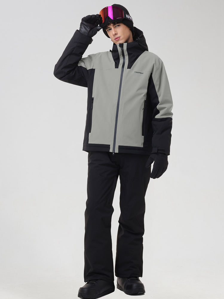 Men's grey and black color-block ski jacket set, front view