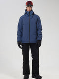 YEEFINE men's Navy graphic hooded ski jacket and black pants, front view
