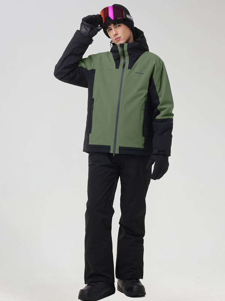 Men's army green and black color-block ski jacket set, front view