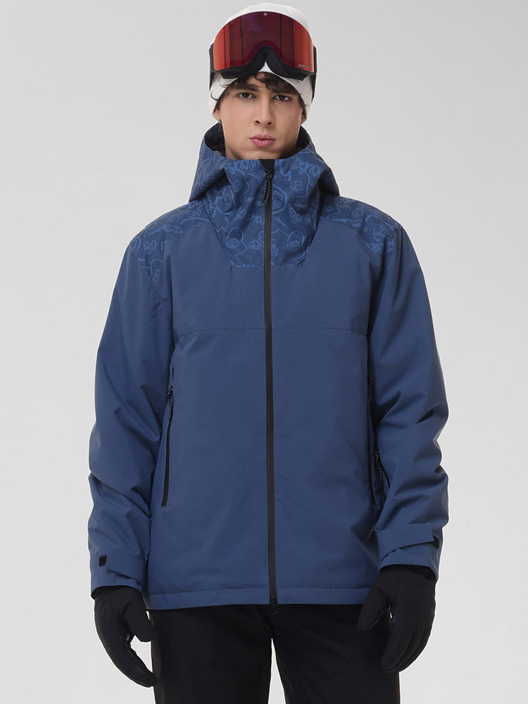 YEEFINE men's Navy hooded graphic ski jacket, close front view