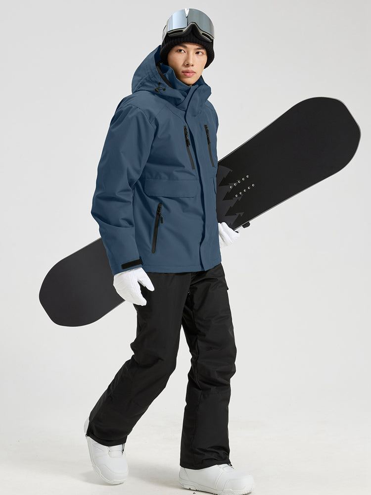 YEEFINE men's Navy ski jacket and black ski pants with suspenders, side view