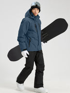 YEEFINE men's Navy ski jacket and black ski pants with suspenders, side view
