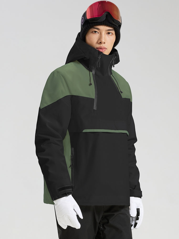 Men's army green and black anorak ski jacket side view