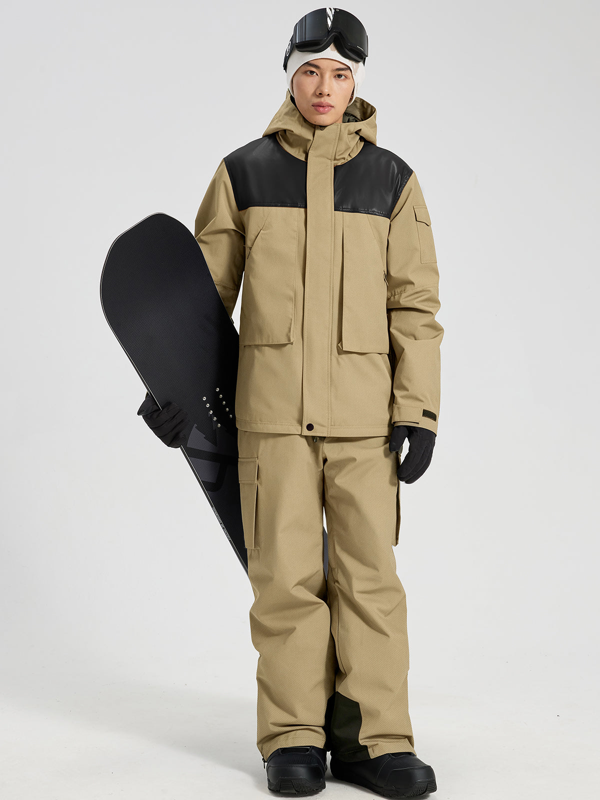 Men's Ski Jacket & Bibs Set in Gray – Front View with Goggles