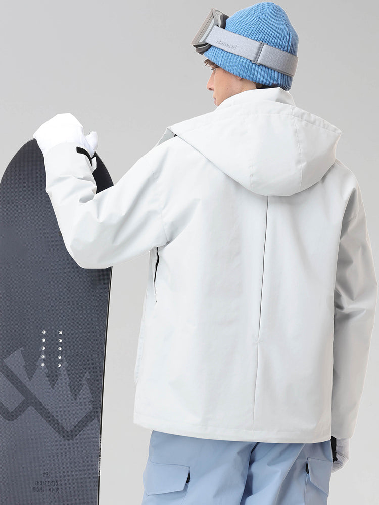 Men's White Hooded Cargo Pocket Snowboard Jacket - Back View