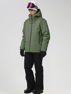 YEEFINE men's Army Green graphic ski jacket and black pants, front view