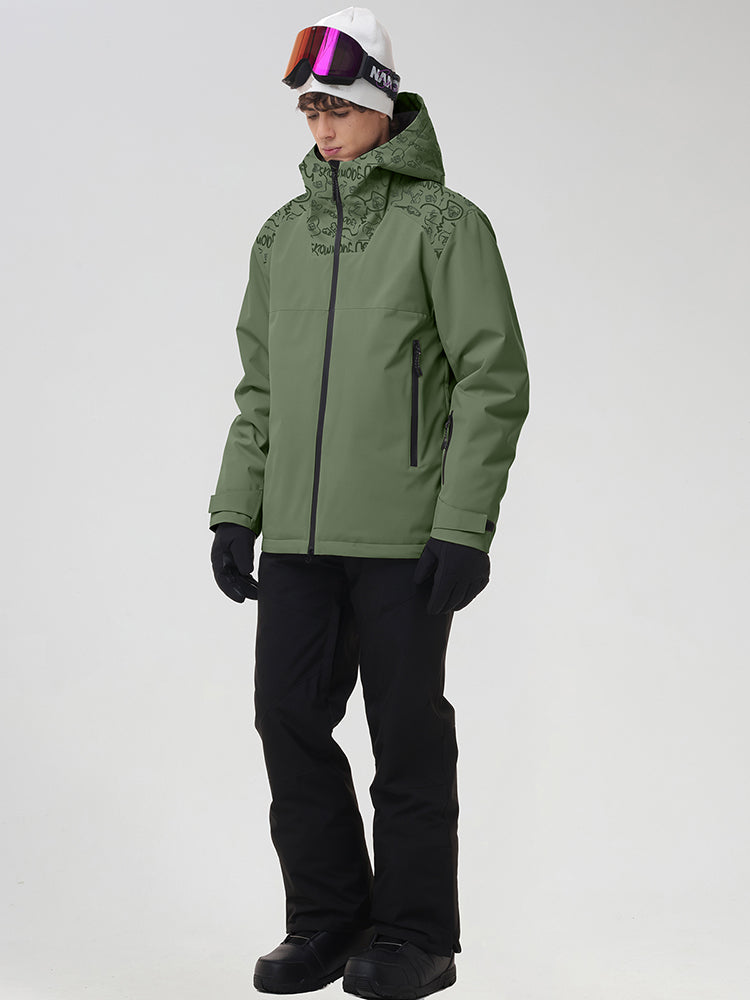 YEEFINE men's Army Green graphic ski jacket and black pants, front view
