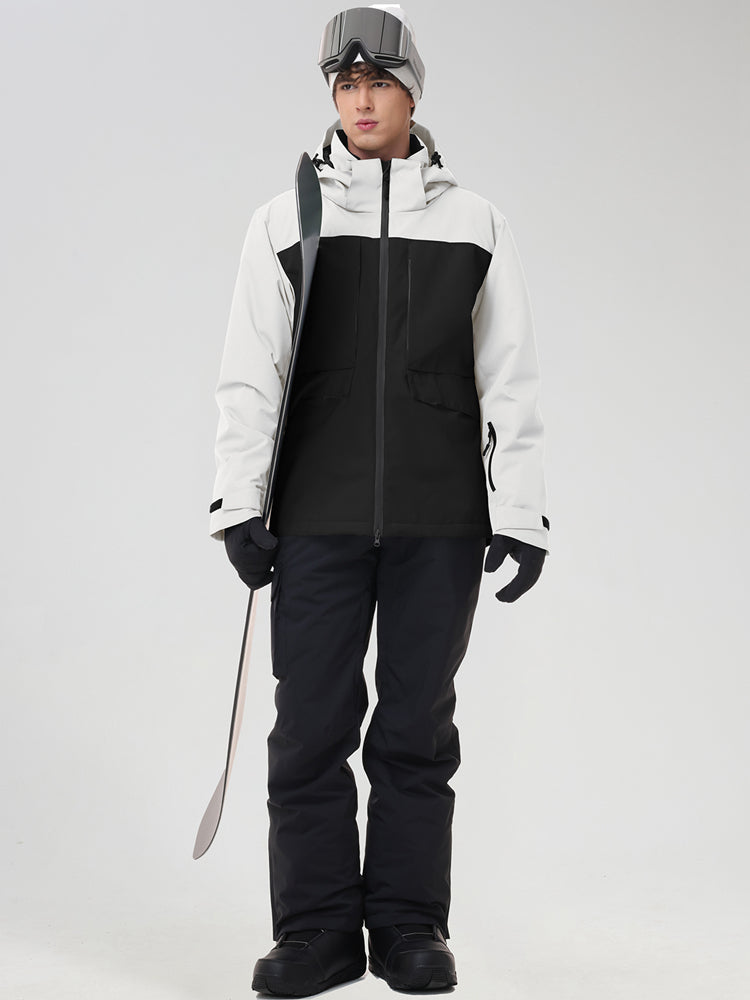 Men's white color-block ski jacket and black snow pants, holding ski poles