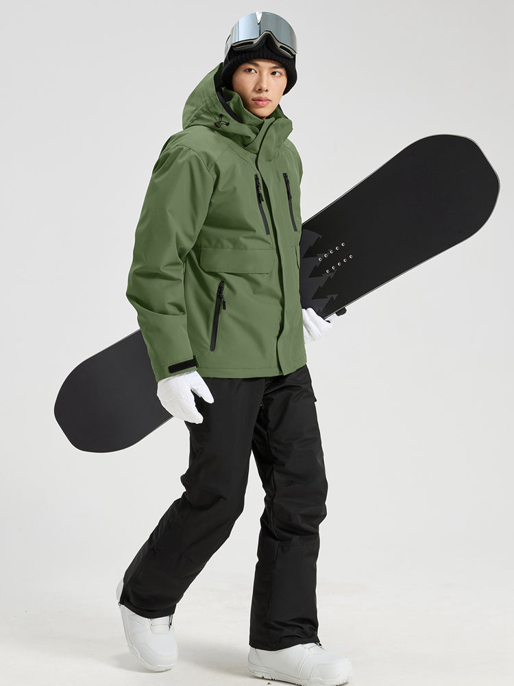 YEEFINE men's Army Green ski jacket and black ski pants with suspenders, side view