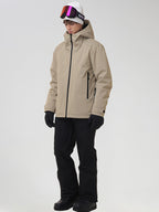 YEEFINE men's Khaki graphic hooded ski jacket and black pants, angled view