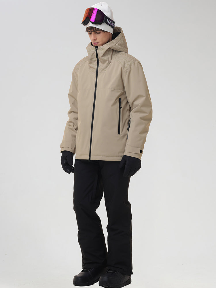 YEEFINE men's Khaki graphic hooded ski jacket and black pants, angled view