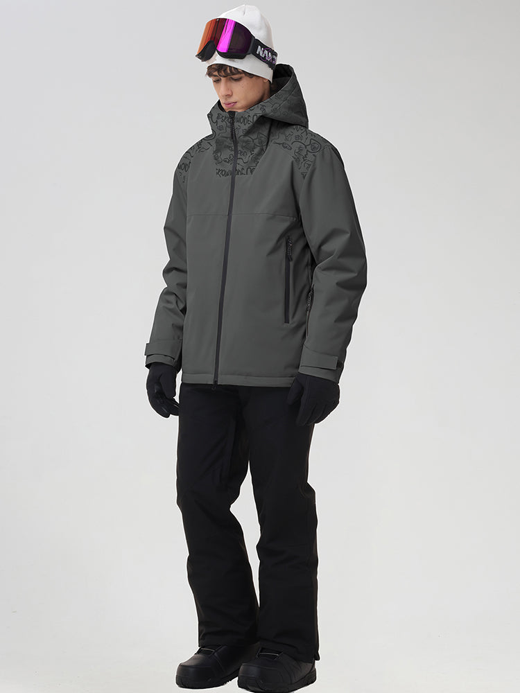 YEEFINE men's Dark Grey graphic ski jacket and black pants, angled view