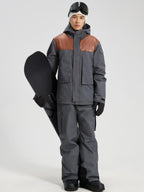 Men's Ski Jacket & Bibs Set in Gray – Standing View with Snowboard