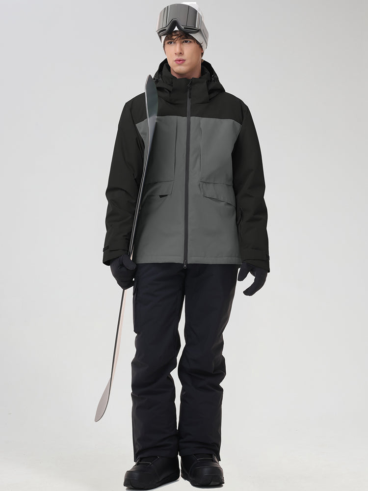 Men's grey and black color-block ski jacket with matching black pants, holding ski poles