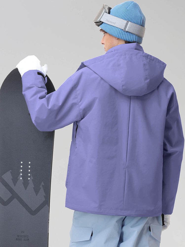 Men's Purple Hooded Cargo Pocket Snowboard Jacket - Back View
