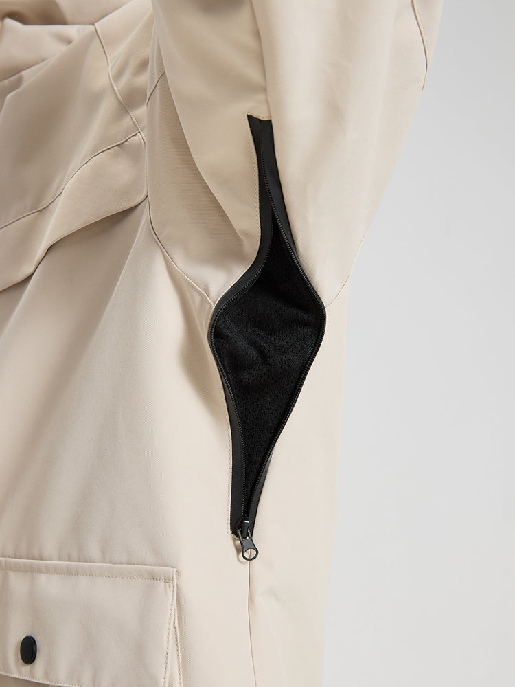 Men's khaki snowboard jacket zip chest pocket detail