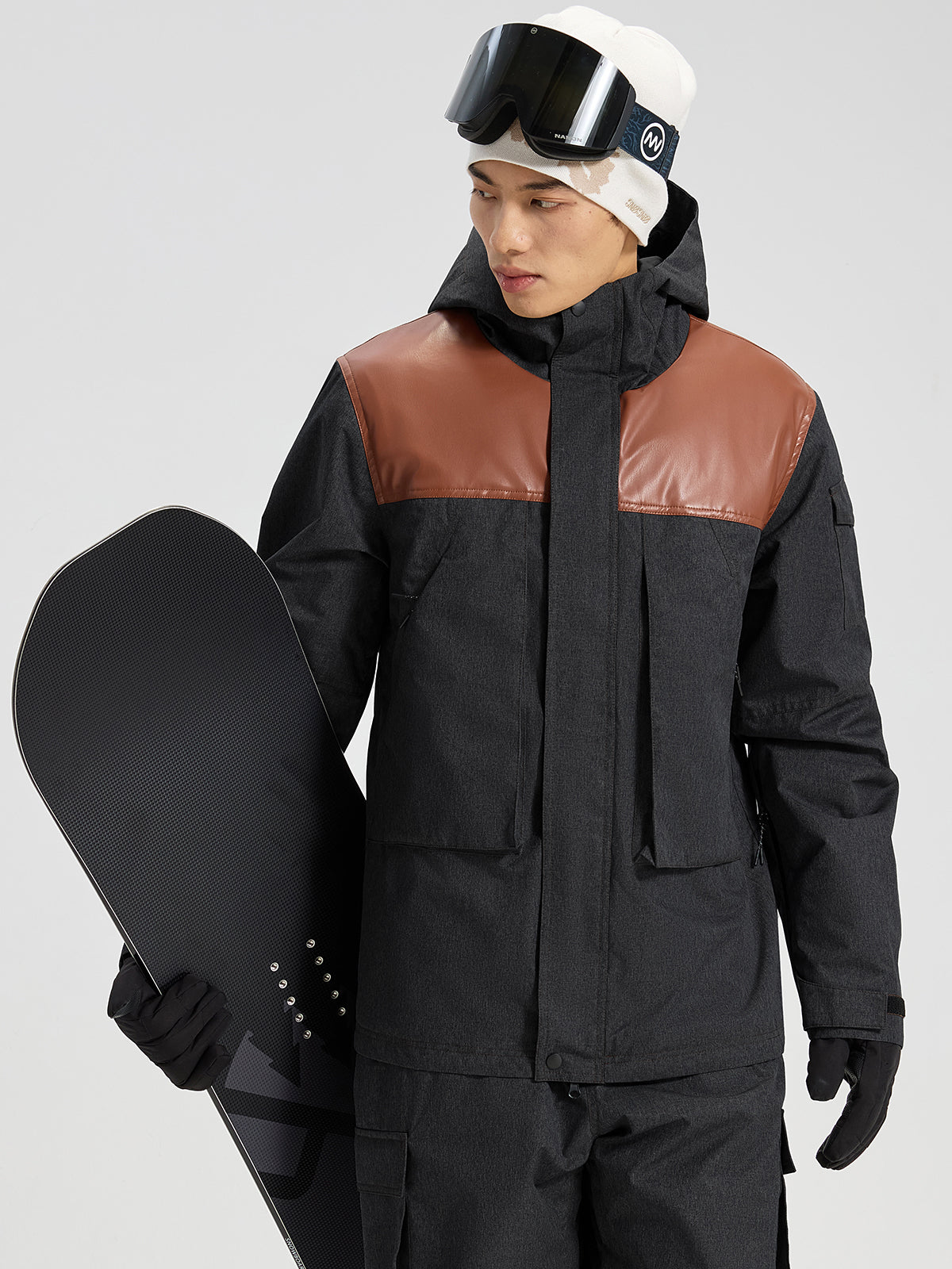 Men's Ski Jacket & Bibs Set in Black – Bib Pants Front View with Suspenders