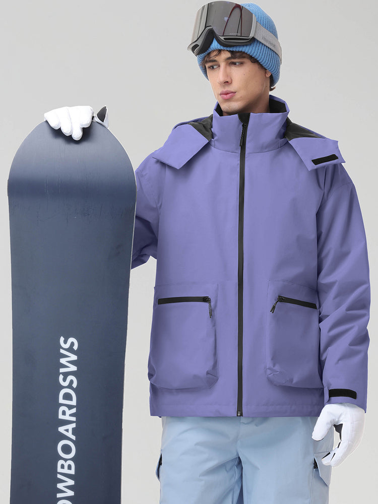 Men's Purple Hooded Cargo Pocket Snowboard Jacket - Model Holding Snowboard