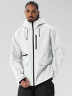 White men's full-zip ski jacket and black pants set - zip chest pocket and front flap pockets