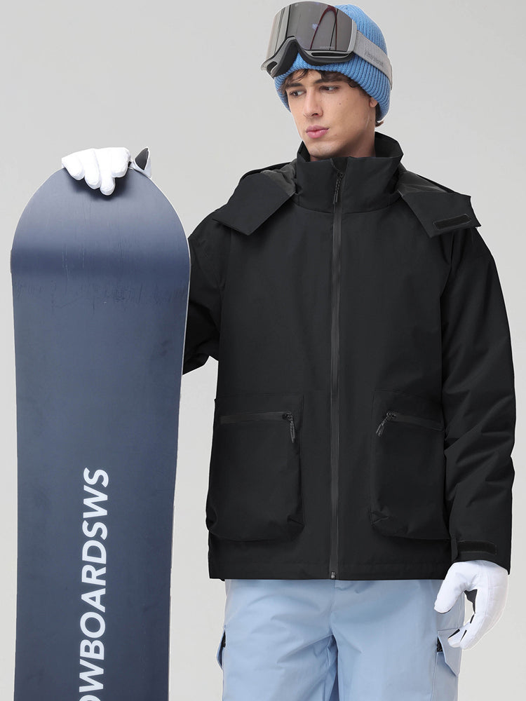 Men's Black Hooded Cargo Pocket Snowboard Jacket - Model Holding Snowboard