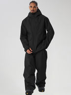 Black men's full-zip ski jacket and black pants set - outfit front view with chest pocket