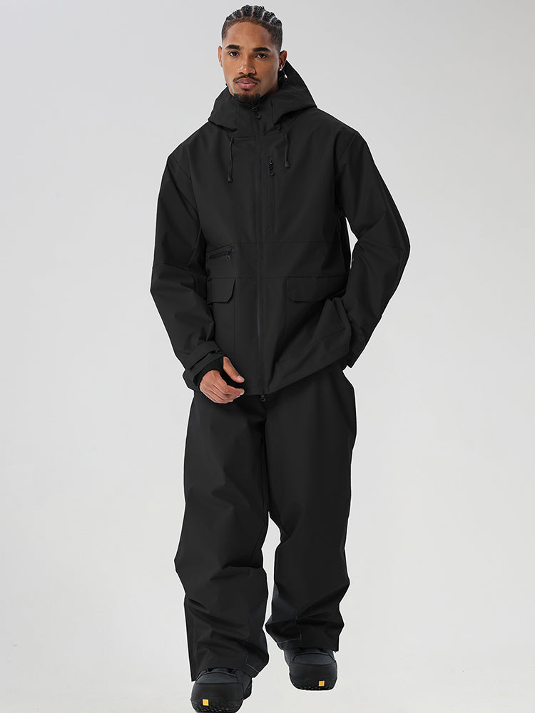 Black men's full-zip ski jacket and black pants set - outfit front view with chest pocket