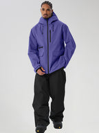 Purple men's full-zip ski jacket and black pants set - outfit front view with chest pocket