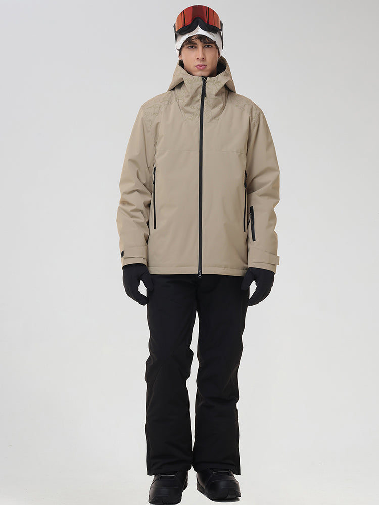 YEEFINE men's Khaki graphic ski jacket and black pants, front view