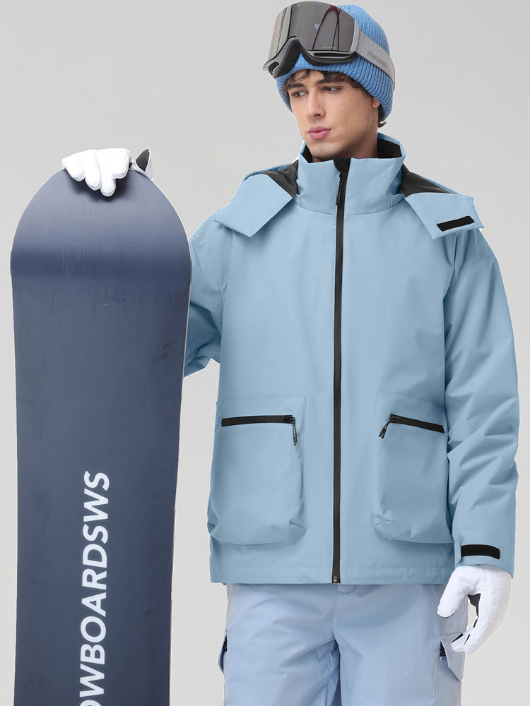 Men's Light Blue Hooded Cargo Pocket Snowboard Jacket - Model Holding Snowboard