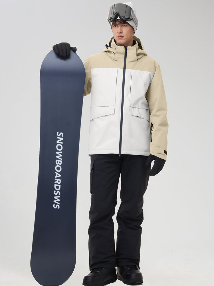 Men's khaki color-block ski suit holding a snowboard, front view