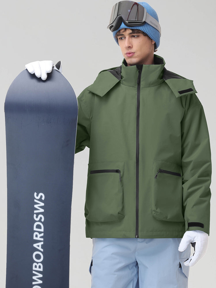 Men's Army Green Hooded Cargo Pocket Snowboard Jacket - Model Holding Snowboard