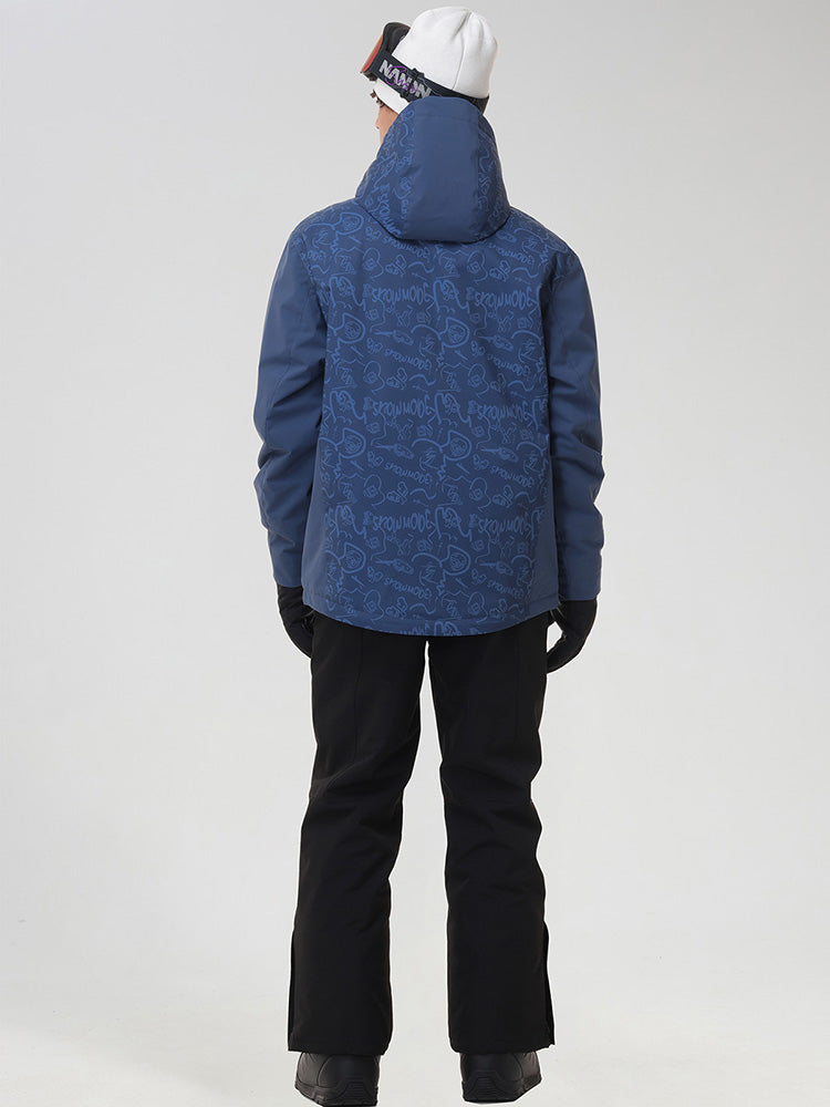 YEEFINE men's Navy graphic ski jacket, patterned hood and back panels