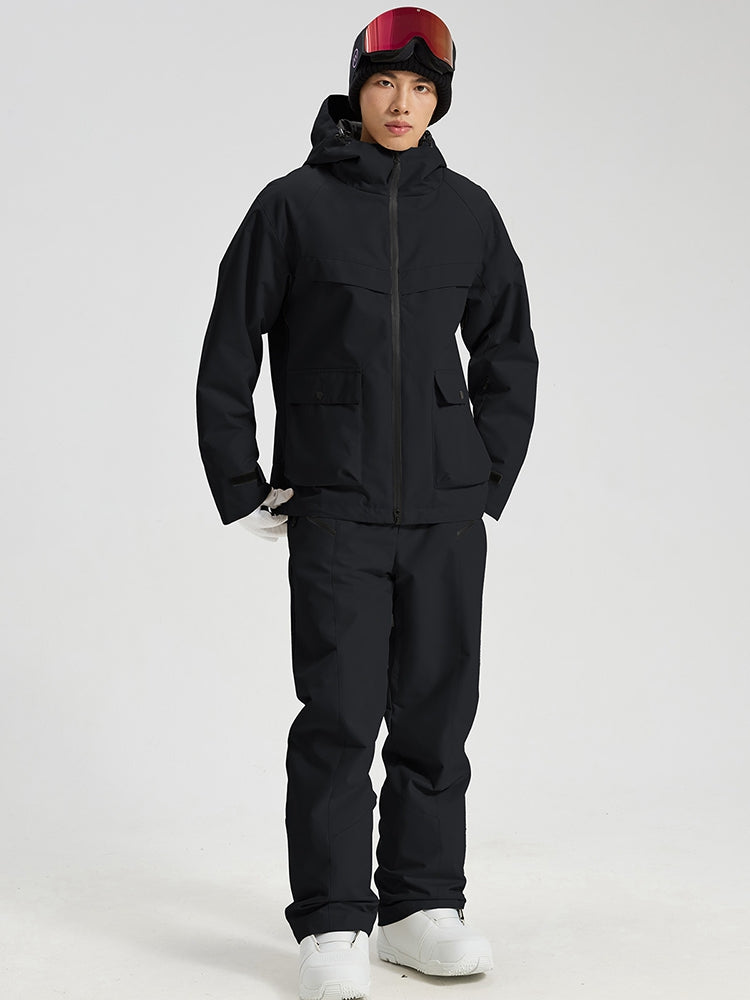 Men's black 2-piece snowboard jacket and pants set front view