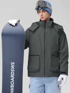 Men's Dark Grey Hooded Cargo Pocket Snowboard Jacket - Model Holding Snowboard