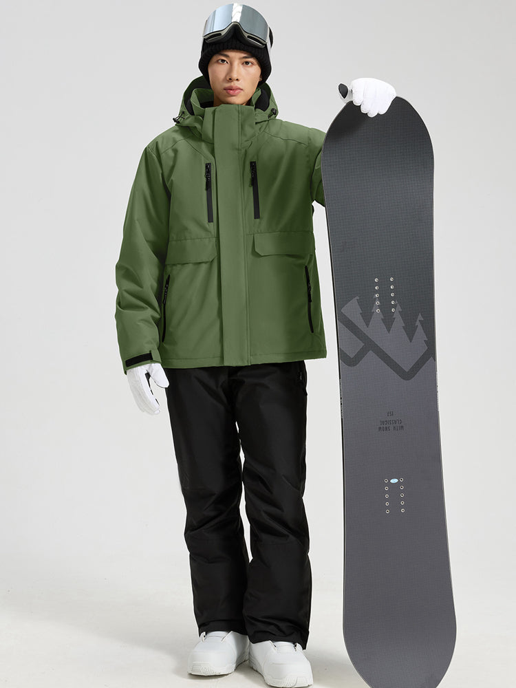 YEEFINE men's Army Green hooded cargo jacket and ski pants, posing with a snowboard, front view