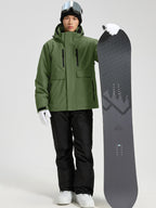 YEEFINE men's Army Green hooded cargo jacket and ski pants, posing with a snowboard, front view