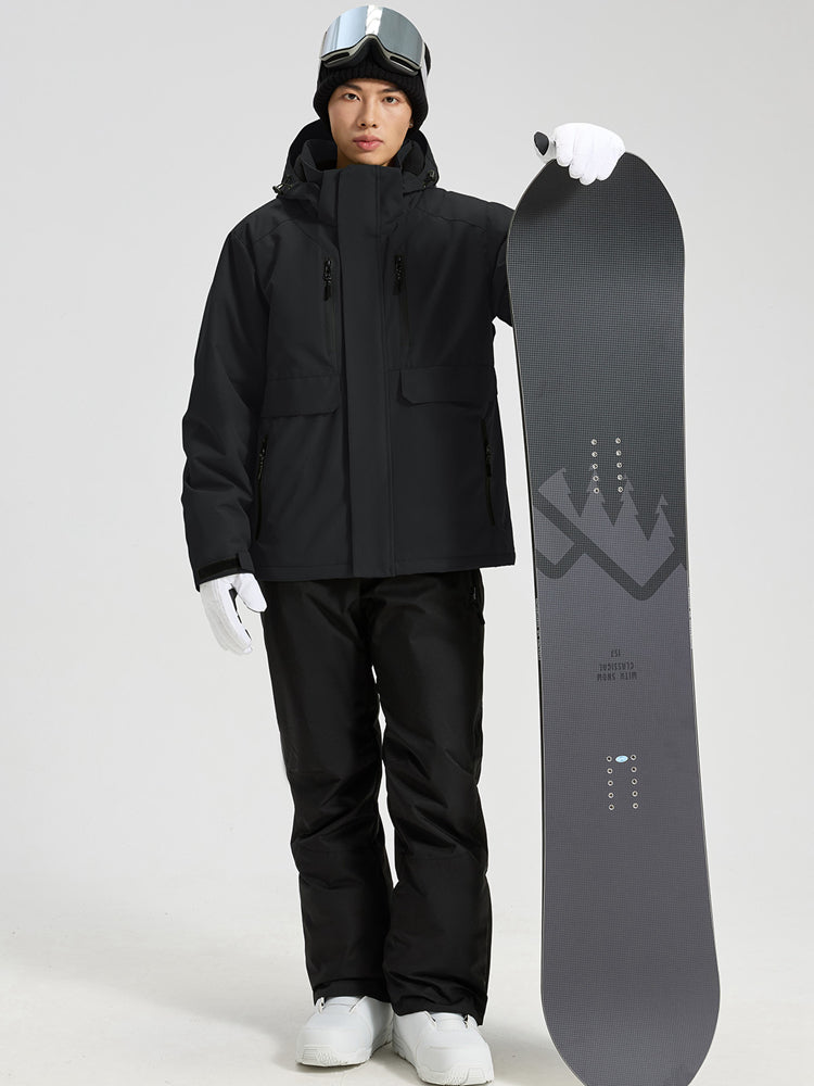 YEEFINE men's Black cargo jacket and ski pants, posing with a snowboard, front view