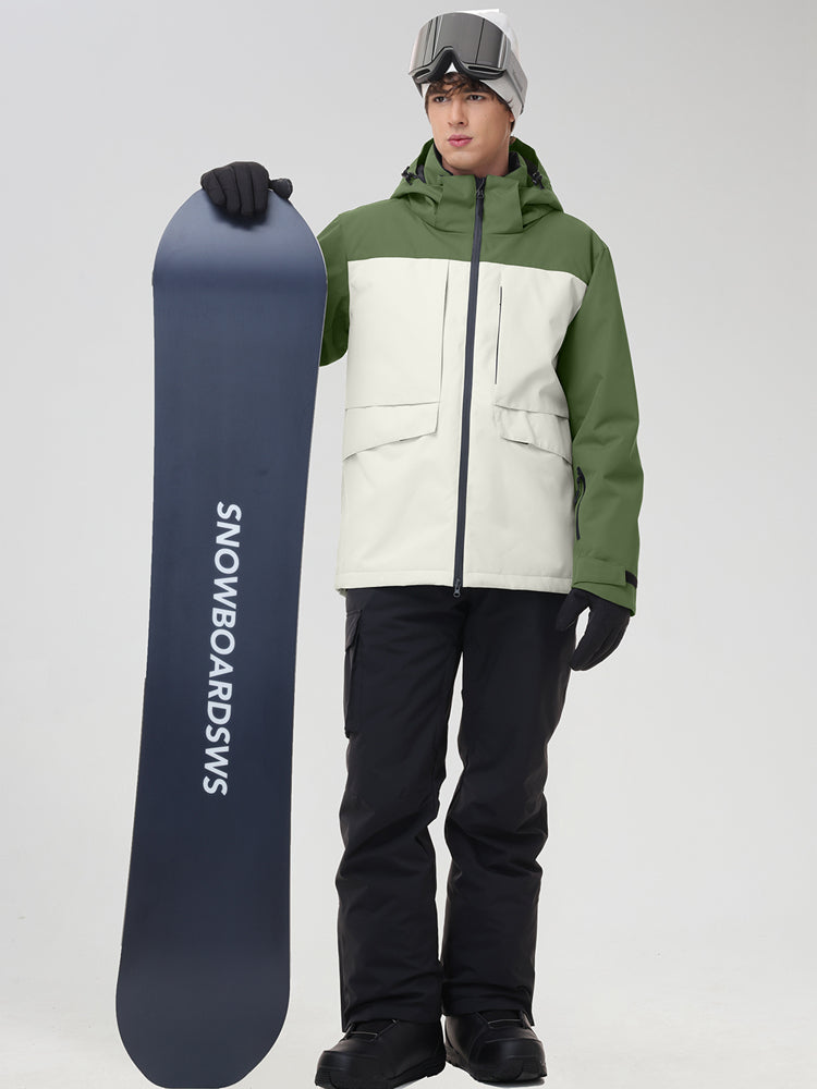Men's army green color-block ski suit holding a snowboard, front view