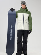 Men's army green color-block ski suit holding a snowboard, front view