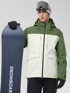 Men's army green and white ski jacket holding a snowboard, half-body view