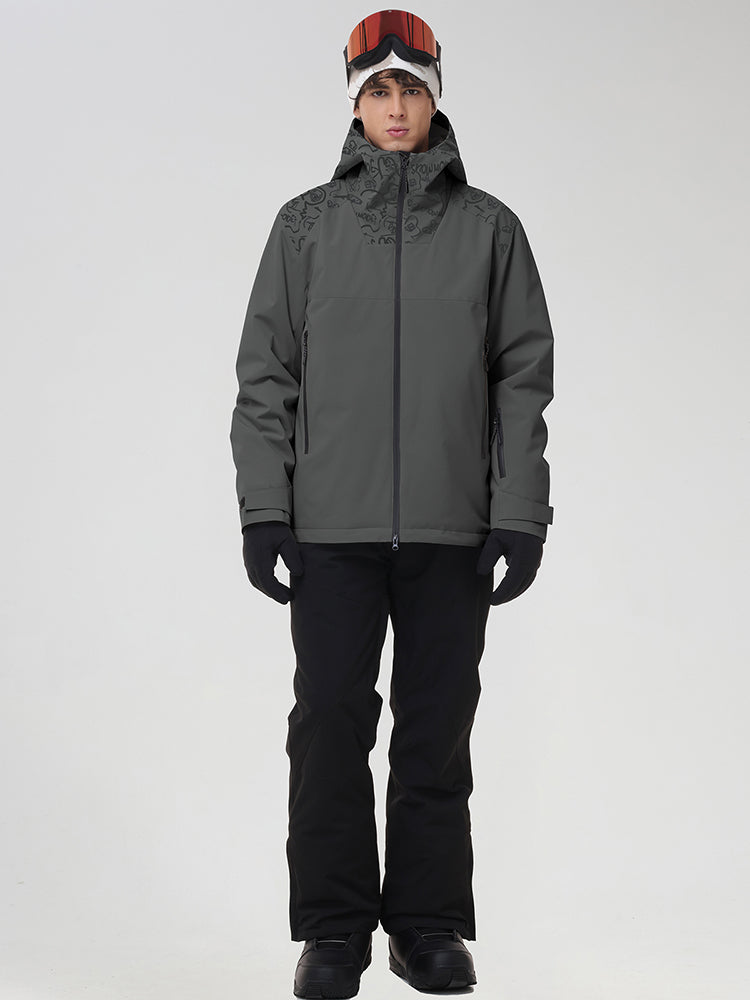 YEEFINE men's Dark Grey graphic ski jacket and black pants, front view
