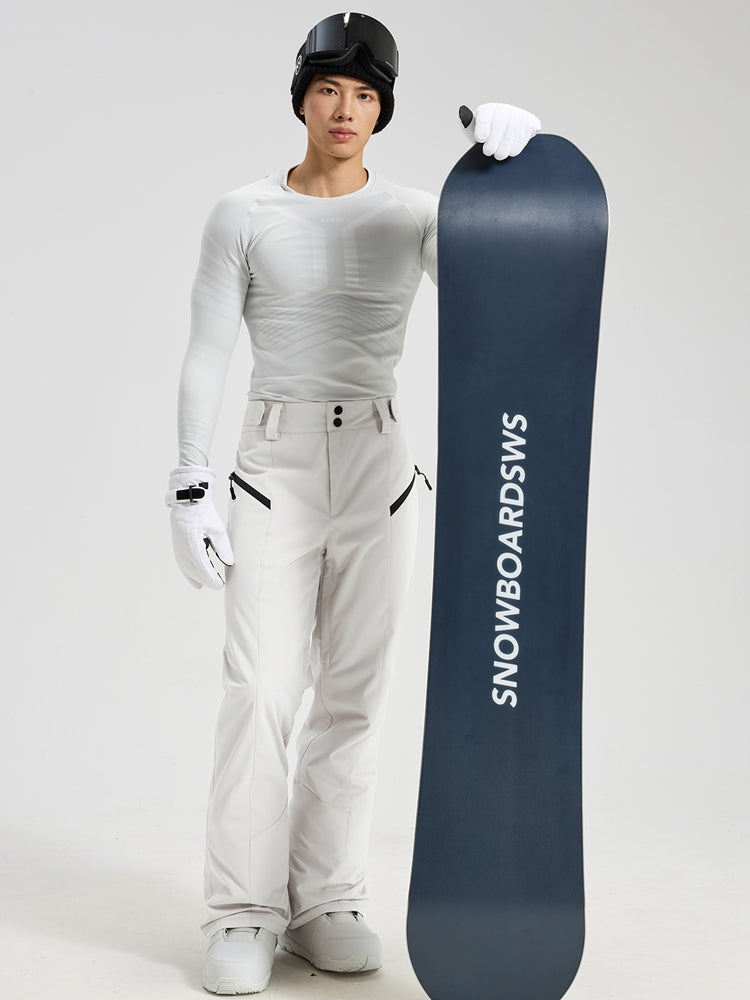 Men's Utility Snow Pants in White – Standing View with Snowboard