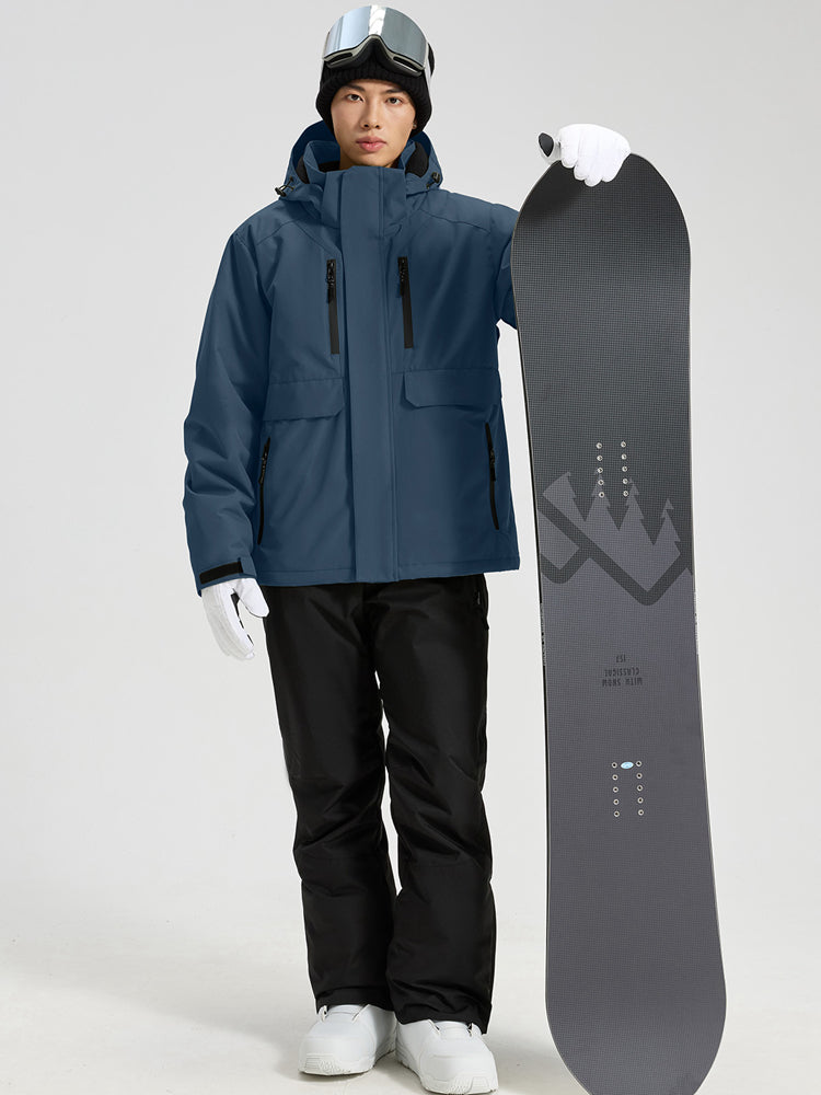 YEEFINE men's Navy cargo jacket and ski pants, posing with a snowboard, front view
